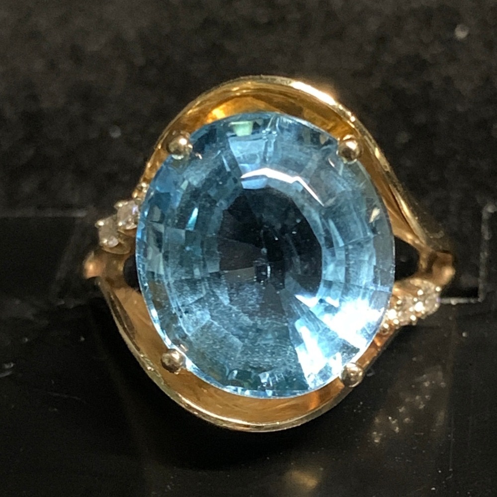 14k Gold Statement Ring Blue Stone Diamond Hinged Shank Arthritis  11.8g
